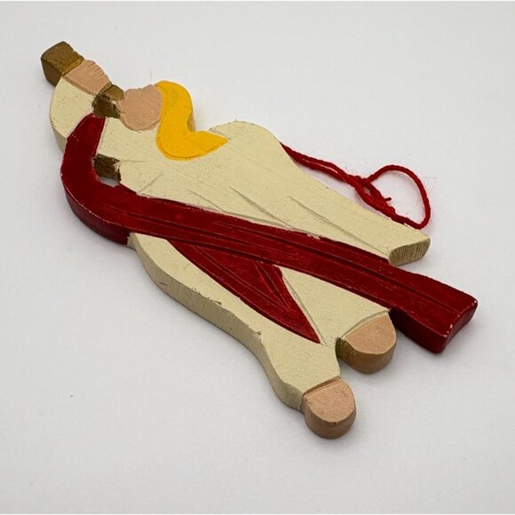 Vintage Wooden Angel Christmas Tree Ornament with Trumpet Horn & Red Sash - Picture 4 of 7